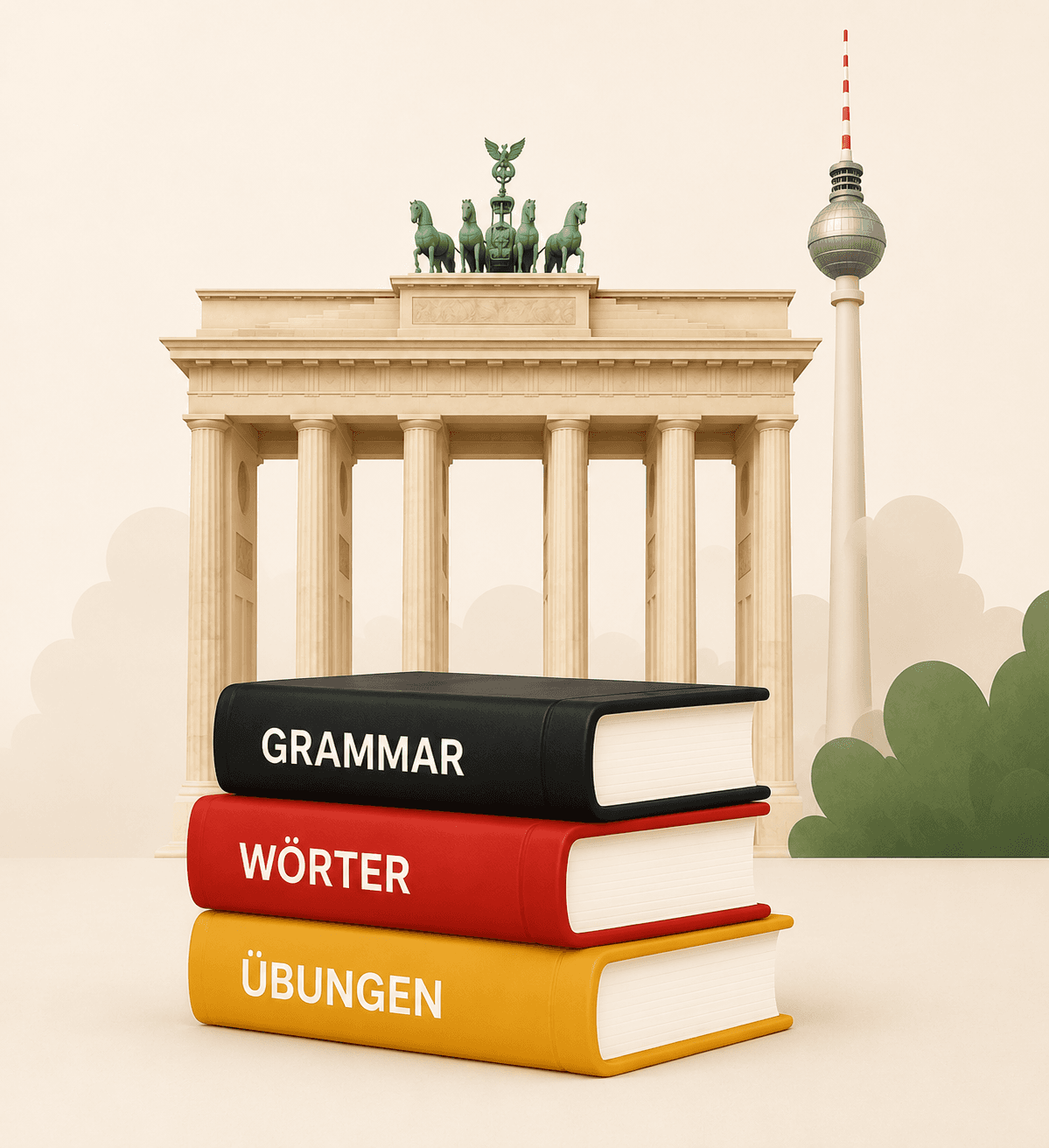 Illustration of the Brandenburg Gate and Berlin TV tower behind a stack of three books in the German flag colors, labeled Grammar, Wörter, and Übungen