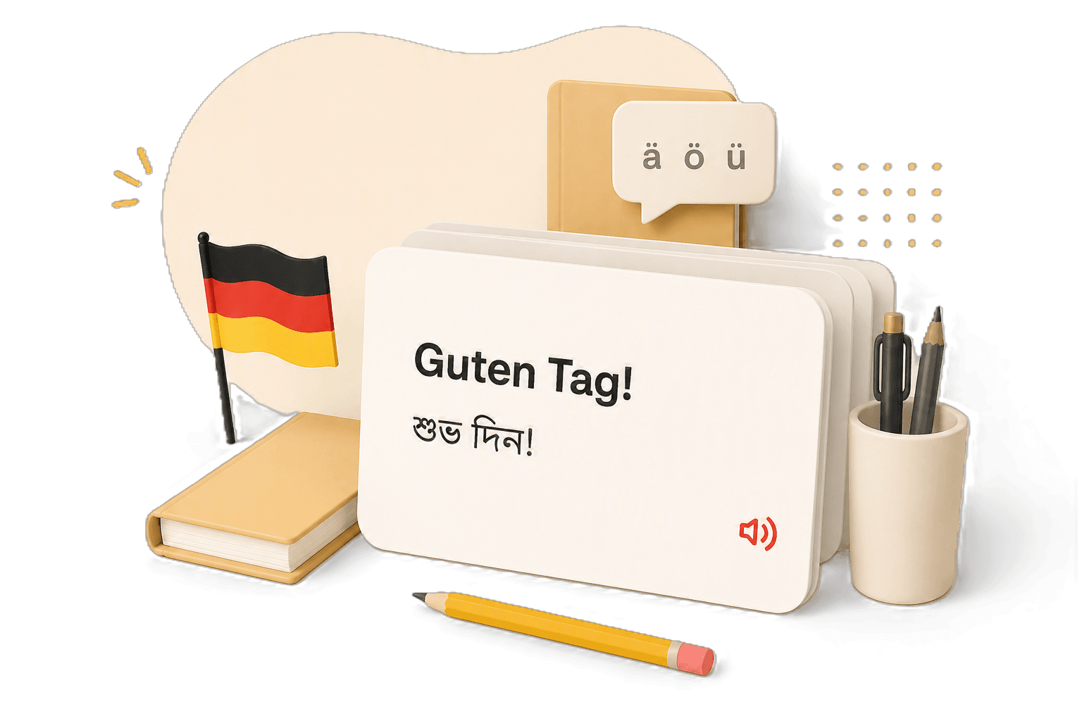 3D illustration of a flashcard reading “Guten Tag!” with its Bengali meaning “শুভ দিন!”, beside a German flag, books, pencils, and an ä ö ü speech bubble