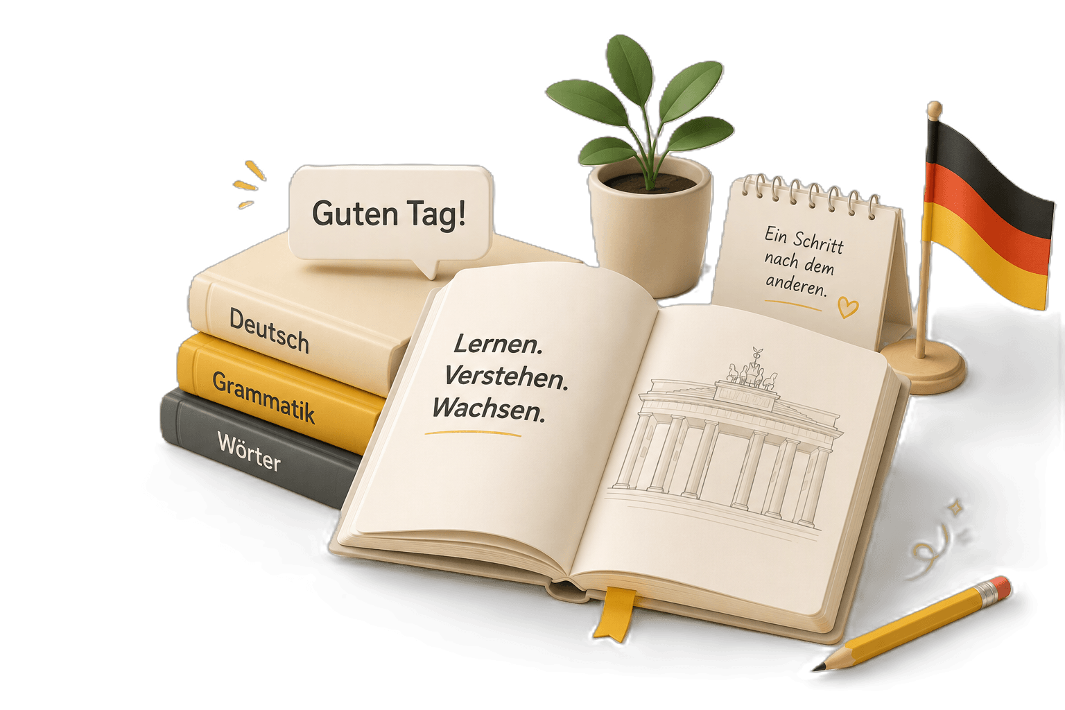 Illustration of an open German notebook reading Lernen, Verstehen, Wachsen beside a stack of books labeled Deutsch, Grammatik and Wörter, a Guten Tag! speech bubble, and a small German flag