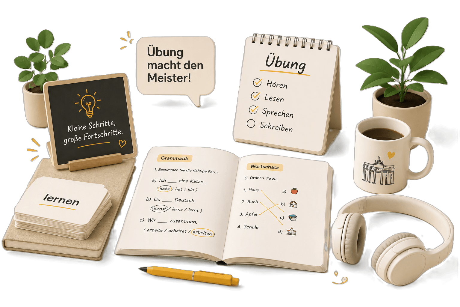 Illustration of an open German exercise book with Grammatik and Wortschatz tasks, an Übung checklist ticking off Hören, Lesen and Sprechen, flashcards, an Übung macht den Meister! speech bubble, headphones and a coffee mug